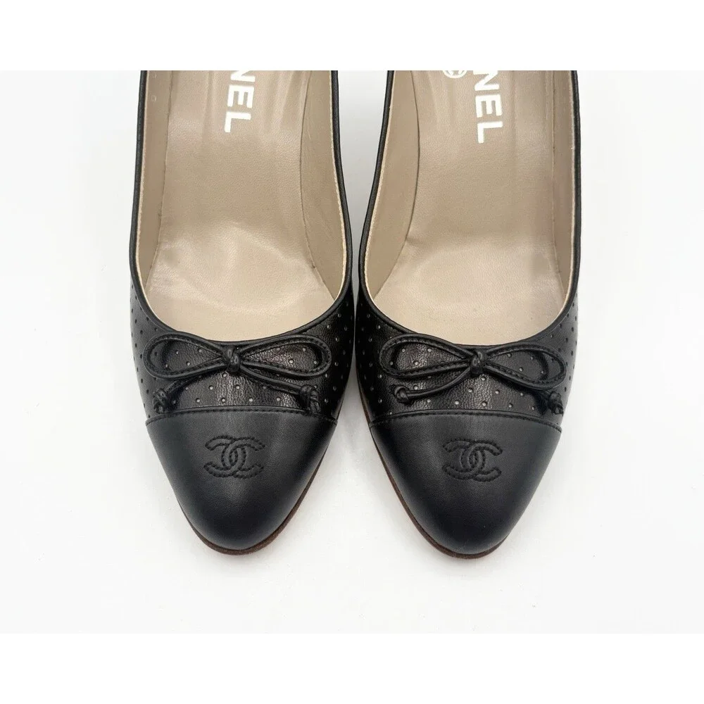 Chanel Black Perforated Leather Heels w/ CC Cap Toe & Bow Accent Size EU 36.5